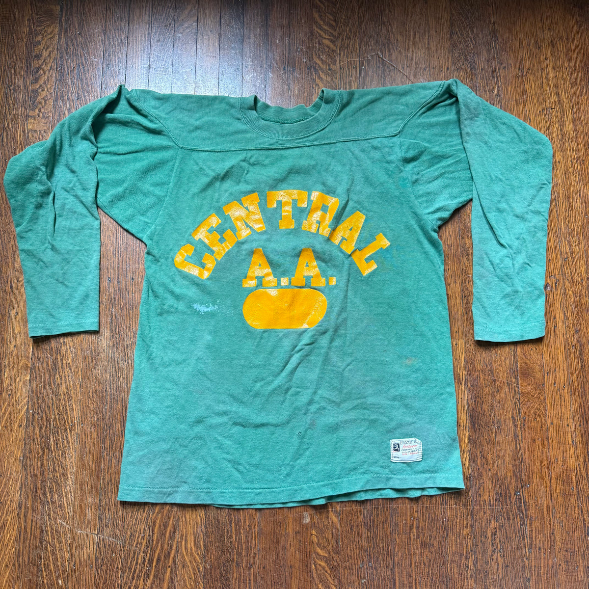 1940s Green Cotton Jersey T-Shirt, Central High Memphis AA, Champion Knitwear Company Running Man Size Medium