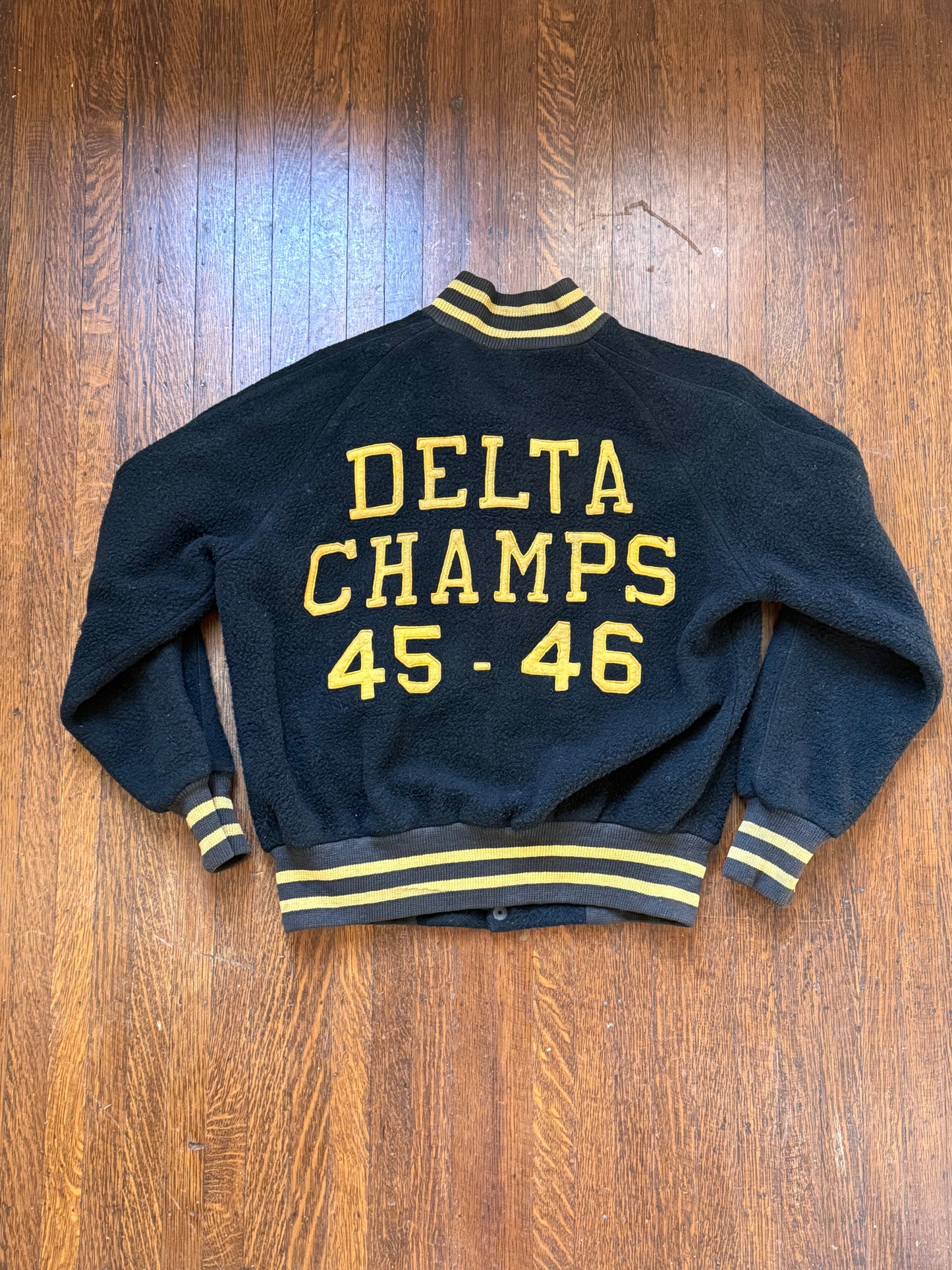 1940s Varsity Jacket, Black and Yellow, Delta Champs 45-46, Size Medium/Large