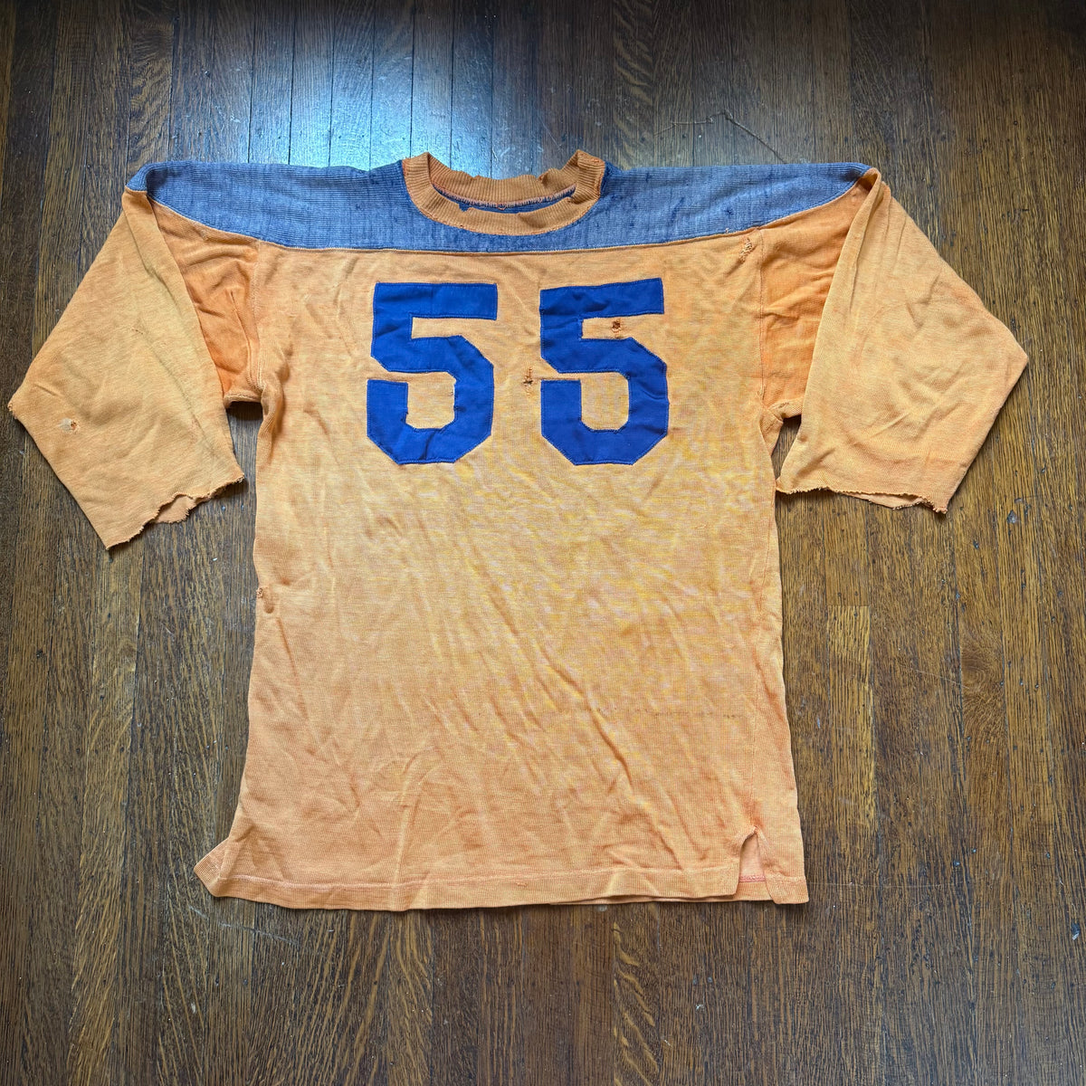 1950s Orange and Blue Durene Jersey, Appliqué No 55, Faded and Distressed, Size Medium