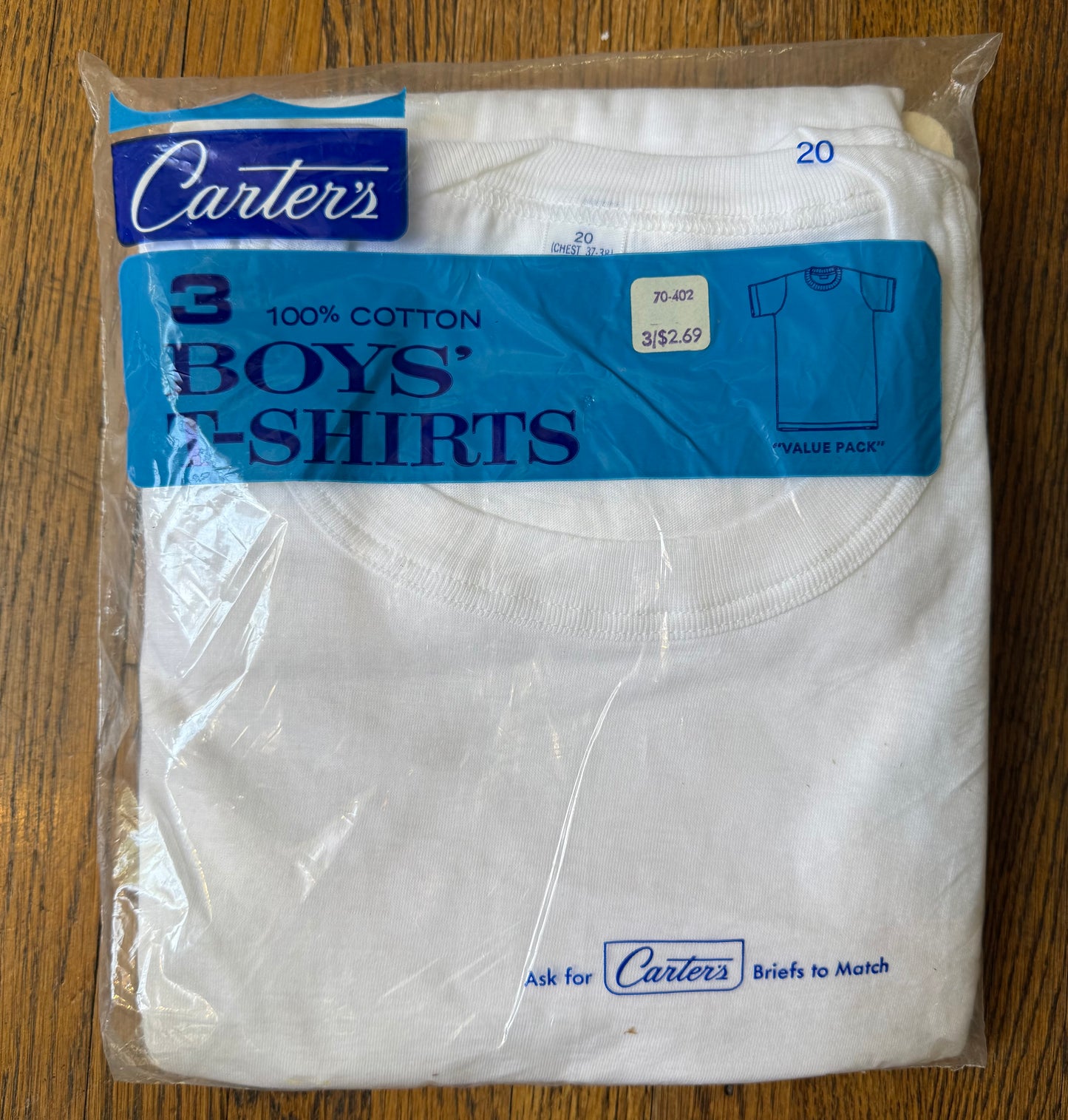 1960s Carter’s Undershirts, White, Boys’ T-Shirts, Size 20 Youth XL, New Old Stock in Package, Pack of 3