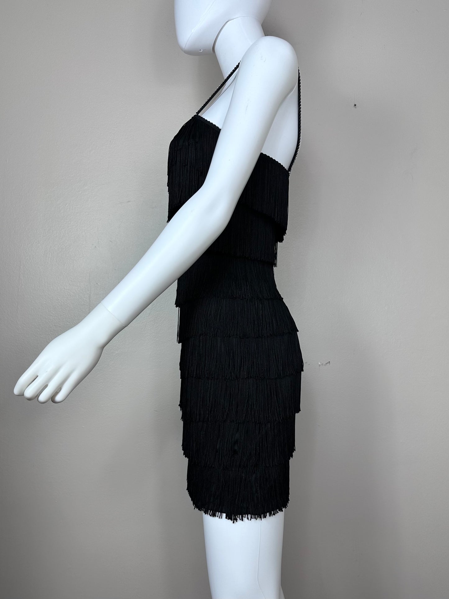 1990s Black Fringe Mini Dress, Roberta Size XS