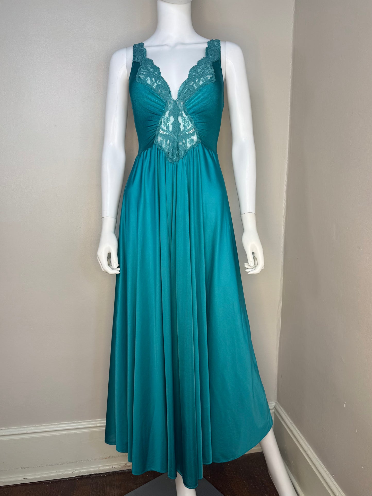 1970s Teal Olga Nightgown with Full Sweep, Lace Cut Out Bodice, Size XS