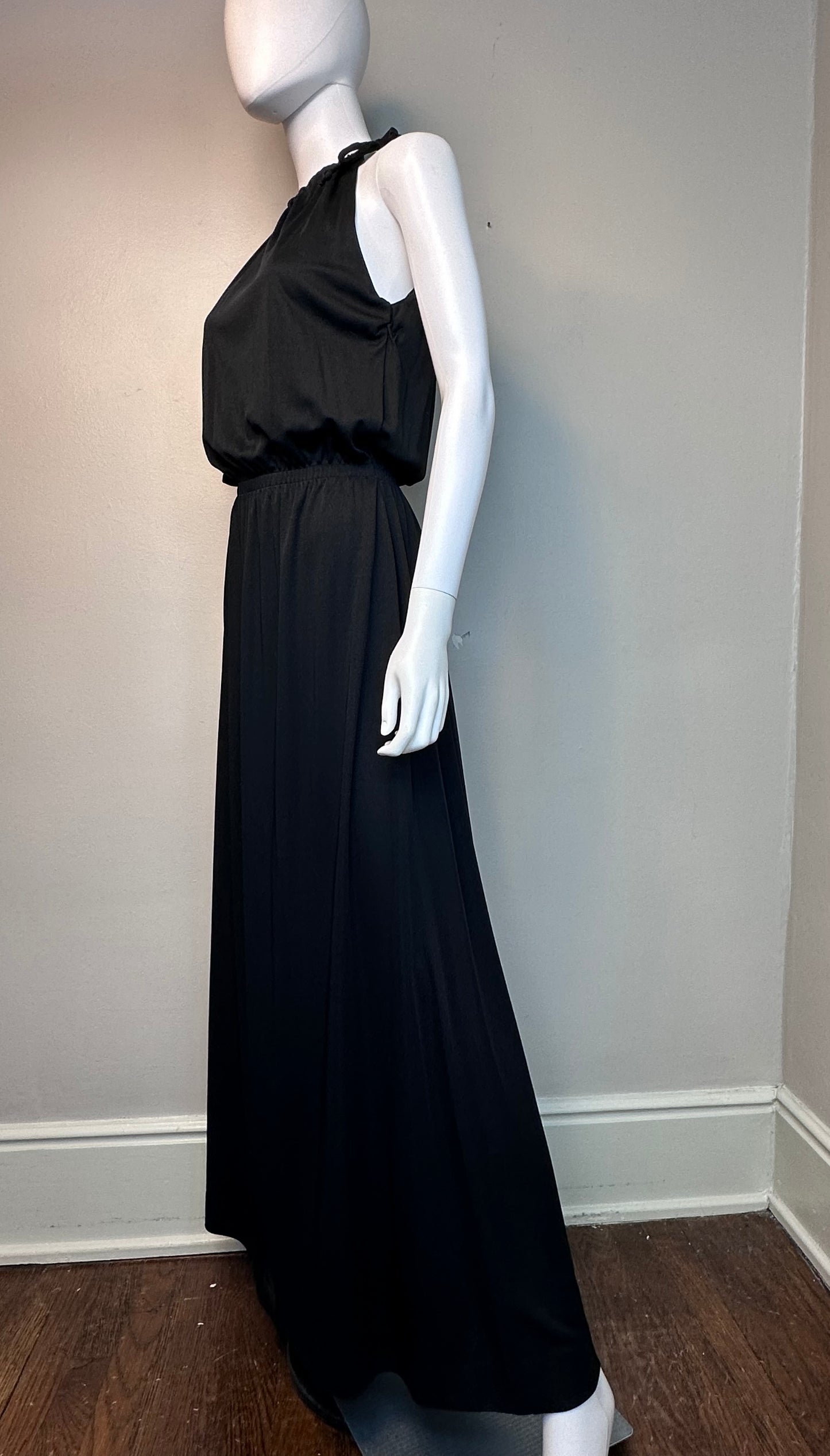 1970s Black Sleeveless Maxi Dress, Career Guild Size Medium, Drawstring Neck, Back Keyhole