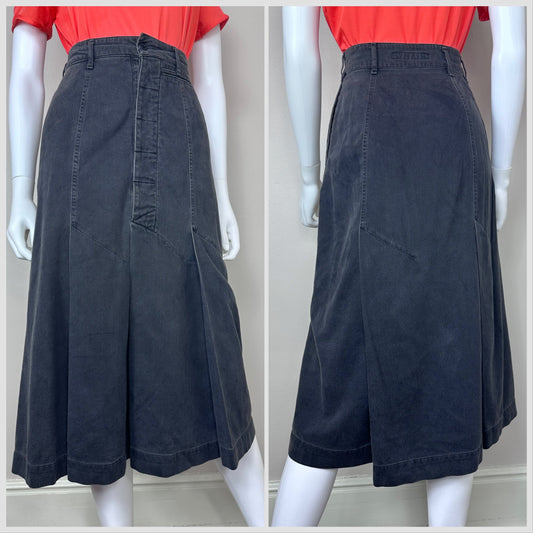 1980s Faded Black Military Inspired Midi Skirt, Katharine Hamnett London Size XXS, 80s Streetwear