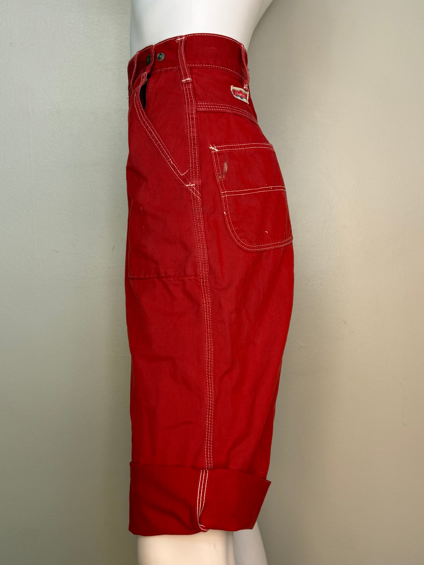 1950s Side Zip Red Denim Pedal Pushers, Cropped Dungarees, Stephens Size XXS, 23.5"x16"