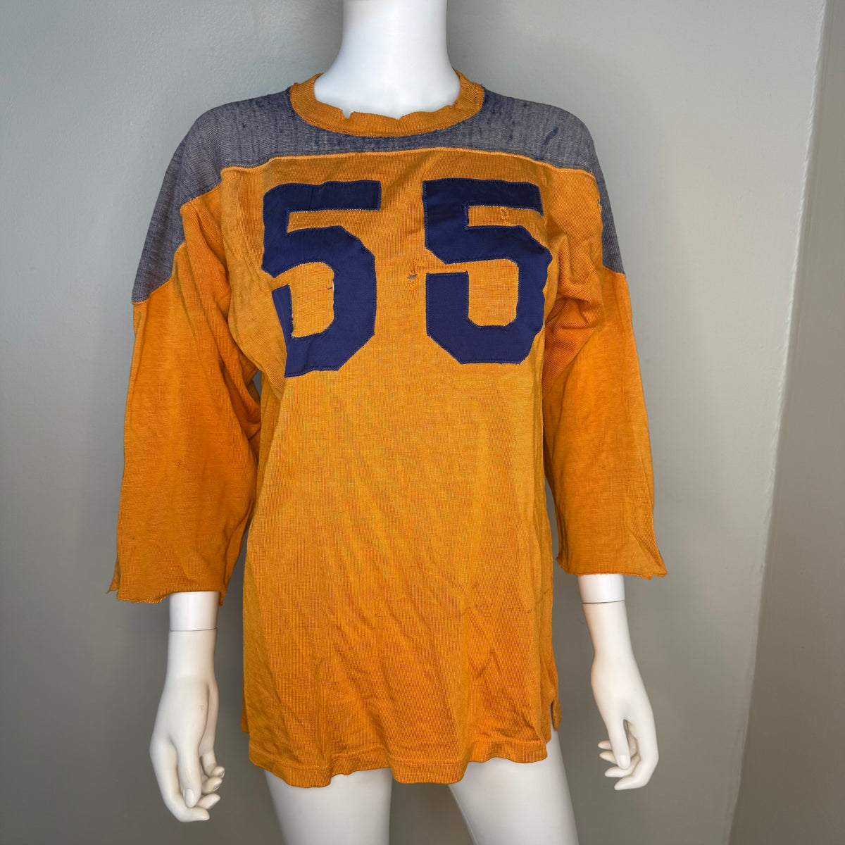 1950s Orange and Blue Durene Jersey, Appliqué No 55, Faded and Distressed, Size Medium