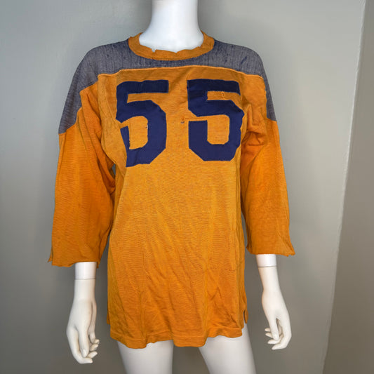 1950s Orange and Blue Durene Jersey, Appliqué No 55, Faded and Distressed, Size Medium
