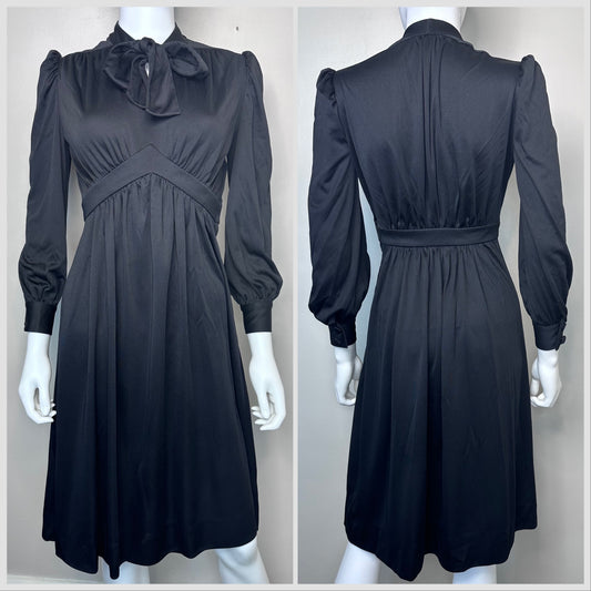 1970s Black Bow Neck Long Sleeve Dress, Size XS, 70s does 40s