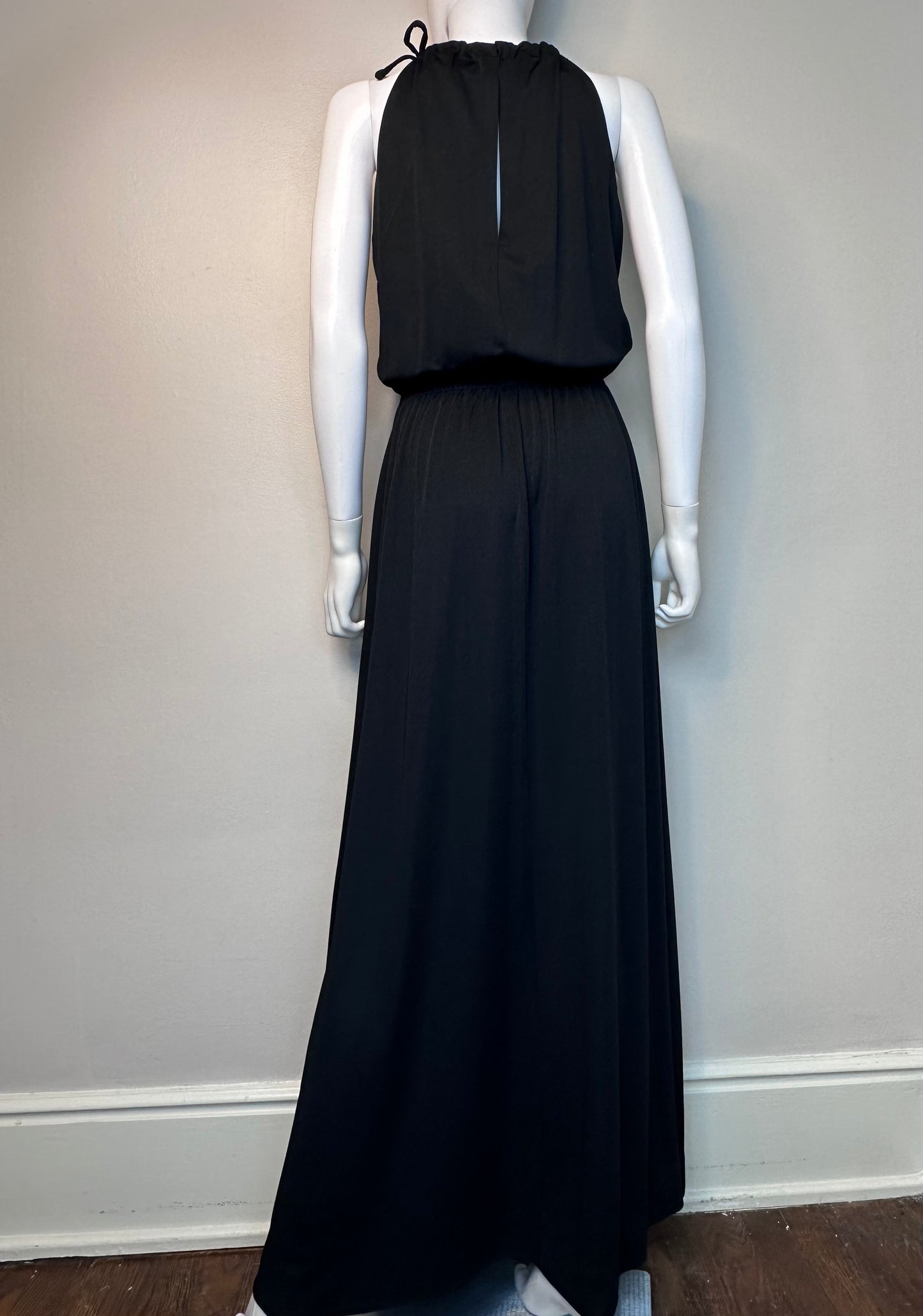 1970s Black Sleeveless Maxi Dress, Career Guild Size Medium, Drawstring Neck, Back Keyhole