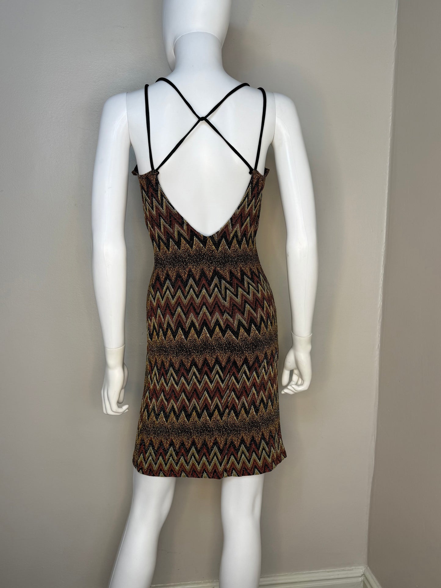 1990s/Y2K Party Dress, Brown and Black Sparkle Missoni Style Zig Zag, Sassy Size Small, Sears