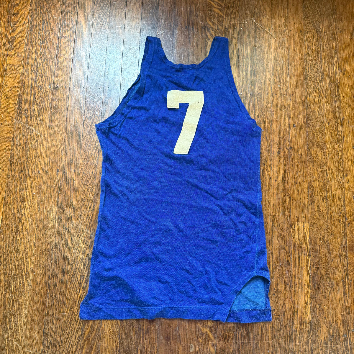 1940s Blue Durene Basketball Jersey, York Arms Co Sporting Goods Size XS, Felt No 7