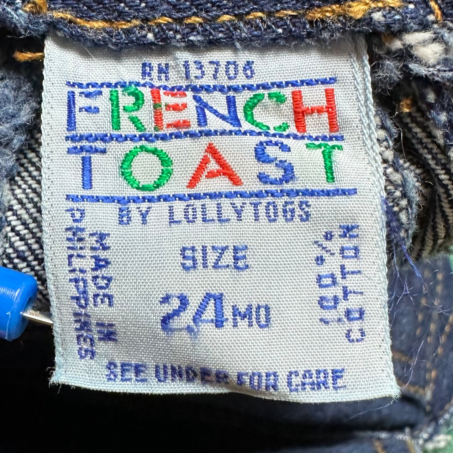 1980s Denim Overalls, French Toast by Lollytogs Size 24m, Front Zipper, Strap Clips