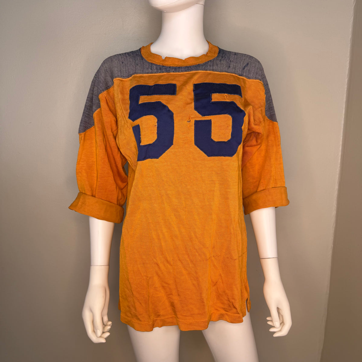 1950s Orange and Blue Durene Jersey, Appliqué No 55, Faded and Distressed, Size Medium