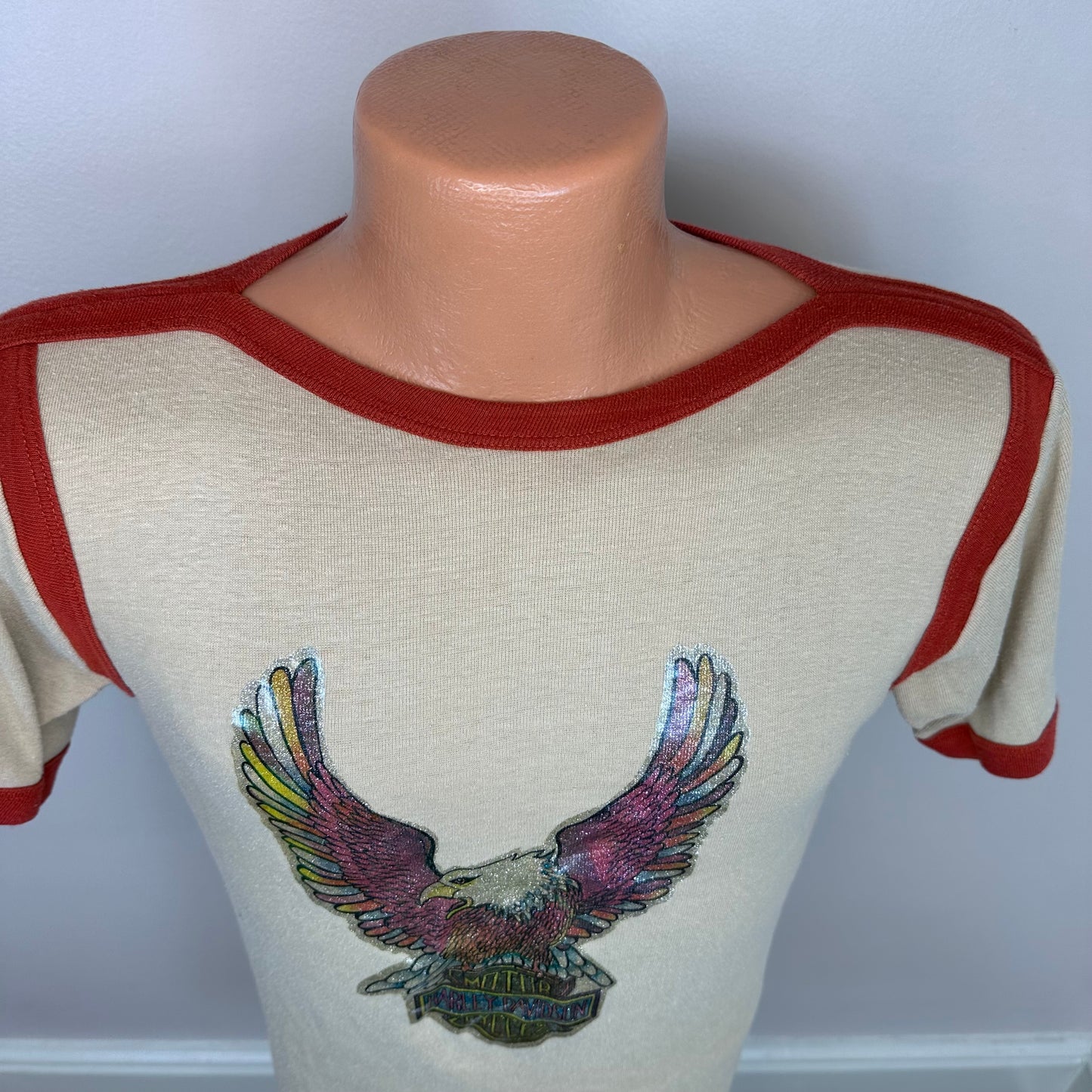 1970s Harley Davidson Motorcycles T-Shirt, Size Small-Medium, Glitter Iron On, Eagle