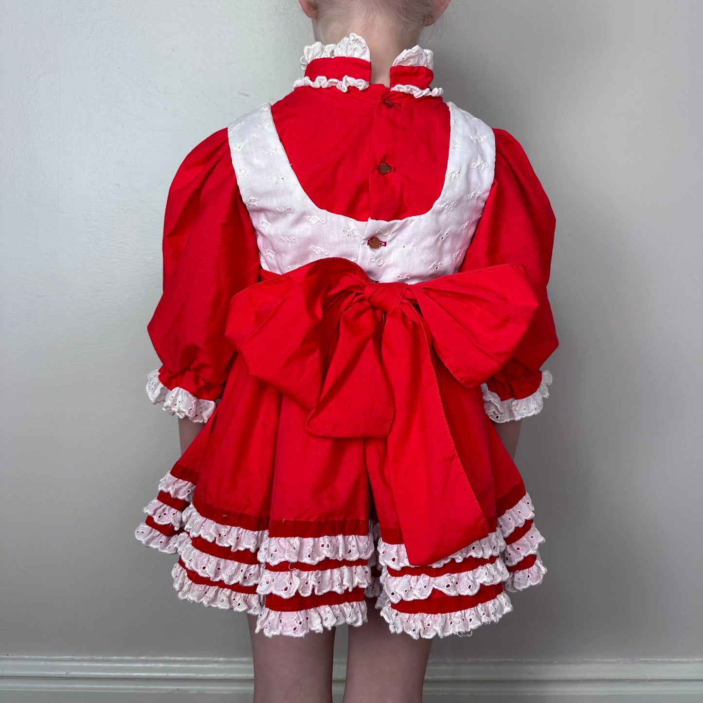 1980s Red Frilly Pinafore Dress, Martha’s Miniatures Size 2/3, We're Fussy