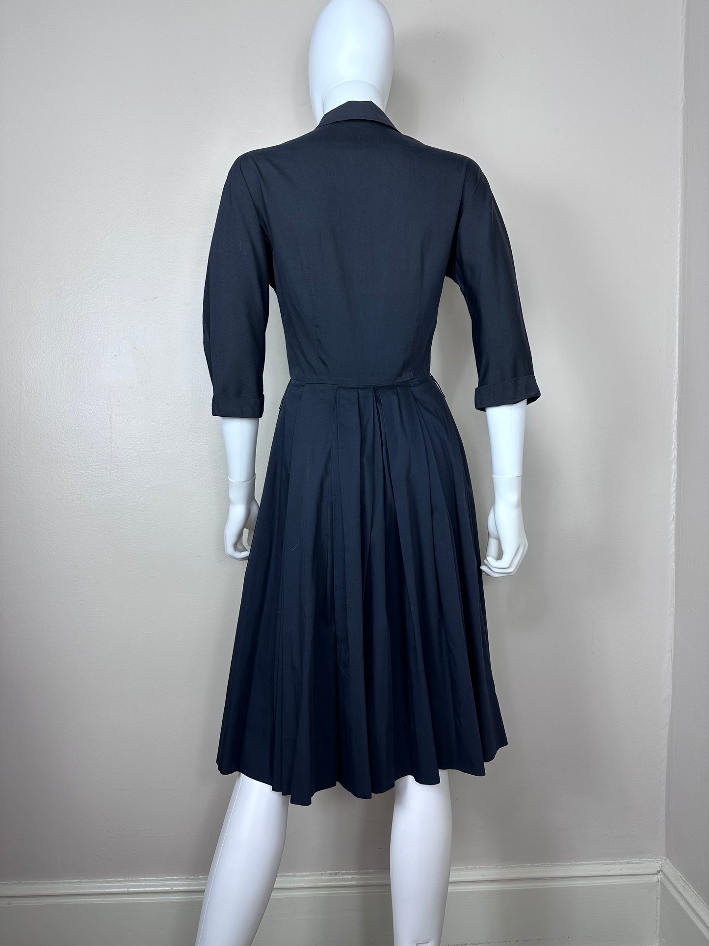 1950s Black Fit and Flare Shirt Dress with Giant Buttons, L’Aiglon Size XS