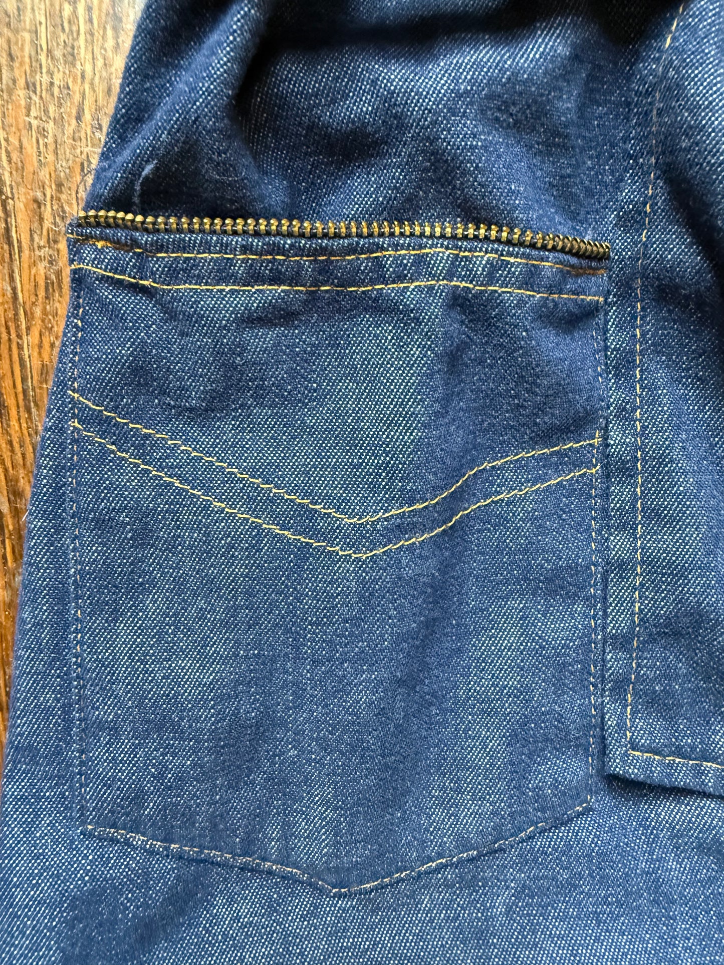 1970s Girl’s Denim Bellbottom Jumpsuit, Sears Growing Girl 10/12, Zip up with Zipper Trim