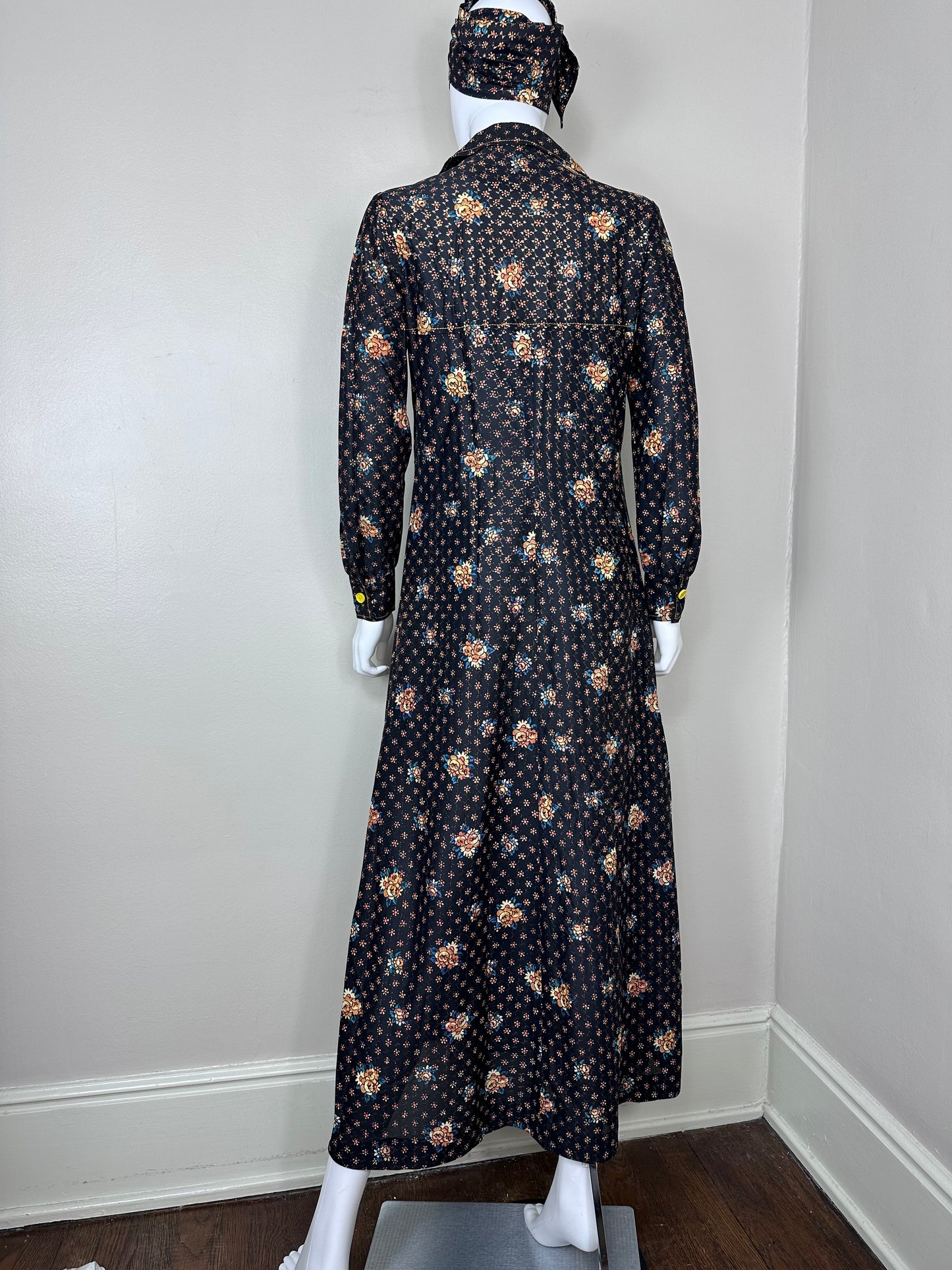 1970s Black Floral Maxi with Gold Lurex Thread, Nancy Valentine Size Medium