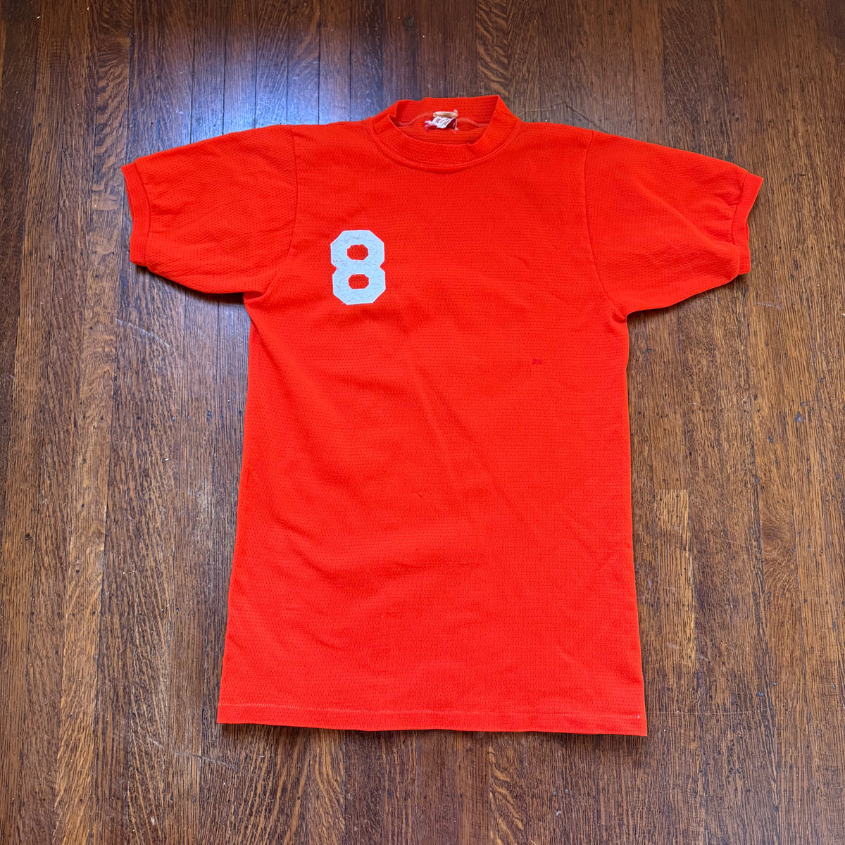 1960s/70s Orange Mesh Jersey T-Shirt, State Line Meat Co, York Arms Co Sporting Goods Memphis Size Small, No. 8