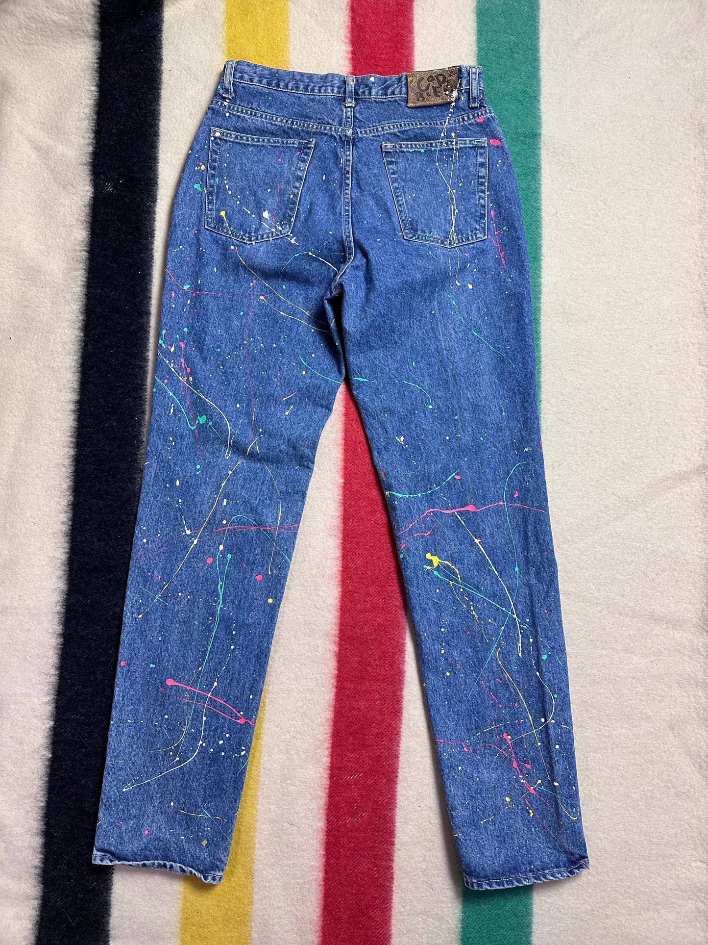 1980s Splatter Paint Jeans, Code Bleu, 31.5"x33.5"