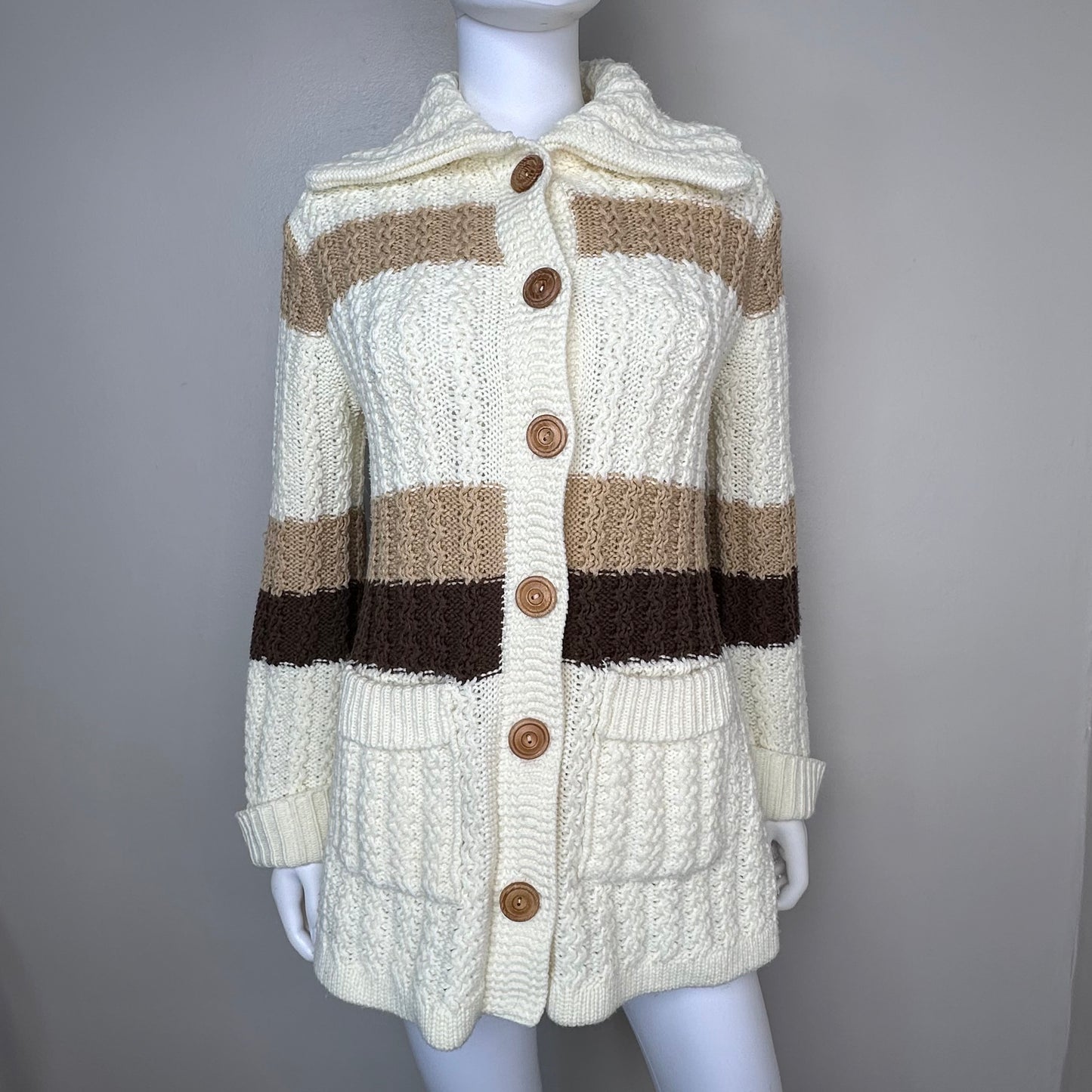 1970s Long Chunky Knit Striped Cardigan Sweater, San Angelo an Aldo Verdi Original Size Medium