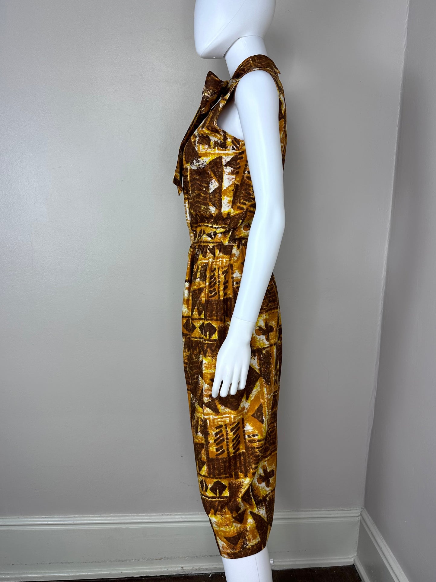 1960s Yellow Tiki Print Dress with Huge Neck Bow Size XS