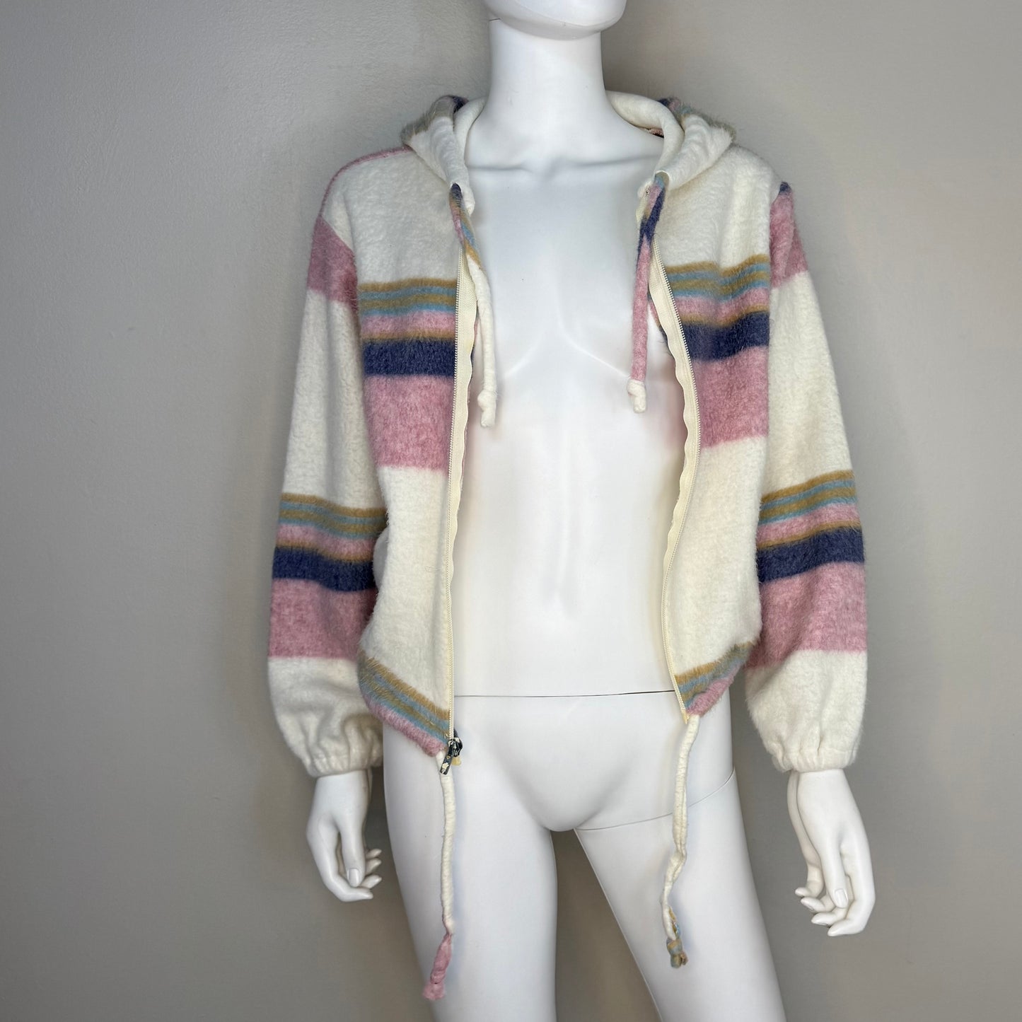 1970s Striped Fleece Hooded Jacket, Cream and Pink, Size Small