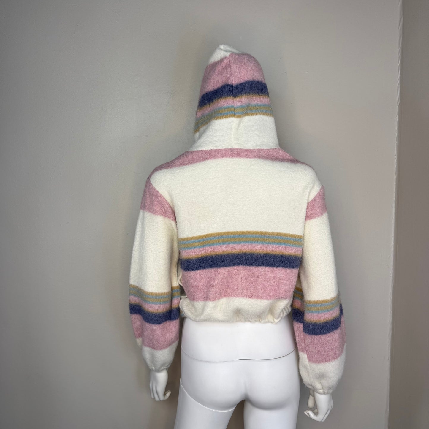 1970s Striped Fleece Hooded Jacket, Cream and Pink, Size Small