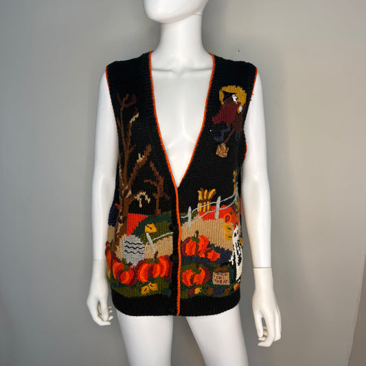 1990s Halloween Sweater Vest Cardigan, Boundary Waters Size Large, Haunted House, Witch, Ghost, Spooky Tree