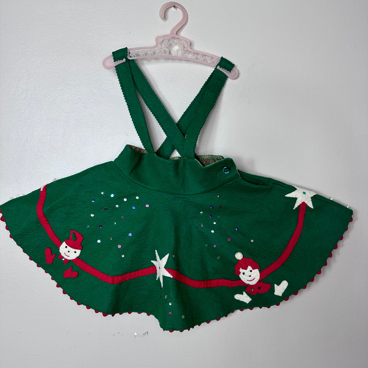 1950s Girls’ Kitschy Felt Christmas Suspenders Skirt with Matching Ear Muff, Handmade Size 4T