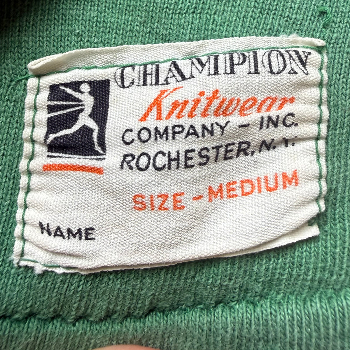 1940s Green Cotton Jersey T-Shirt, Central High Memphis AA, Champion Knitwear Company Running Man Size Medium, Distressed