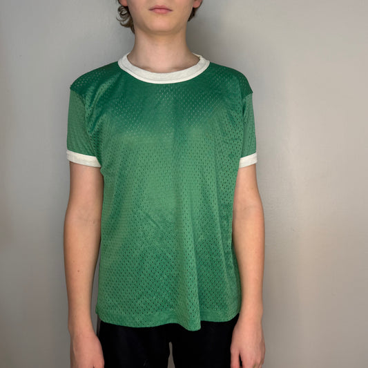 1970s Green Mesh Jersey T-Shirt, Southern Athletic Youth Large/Adult Small, No 15