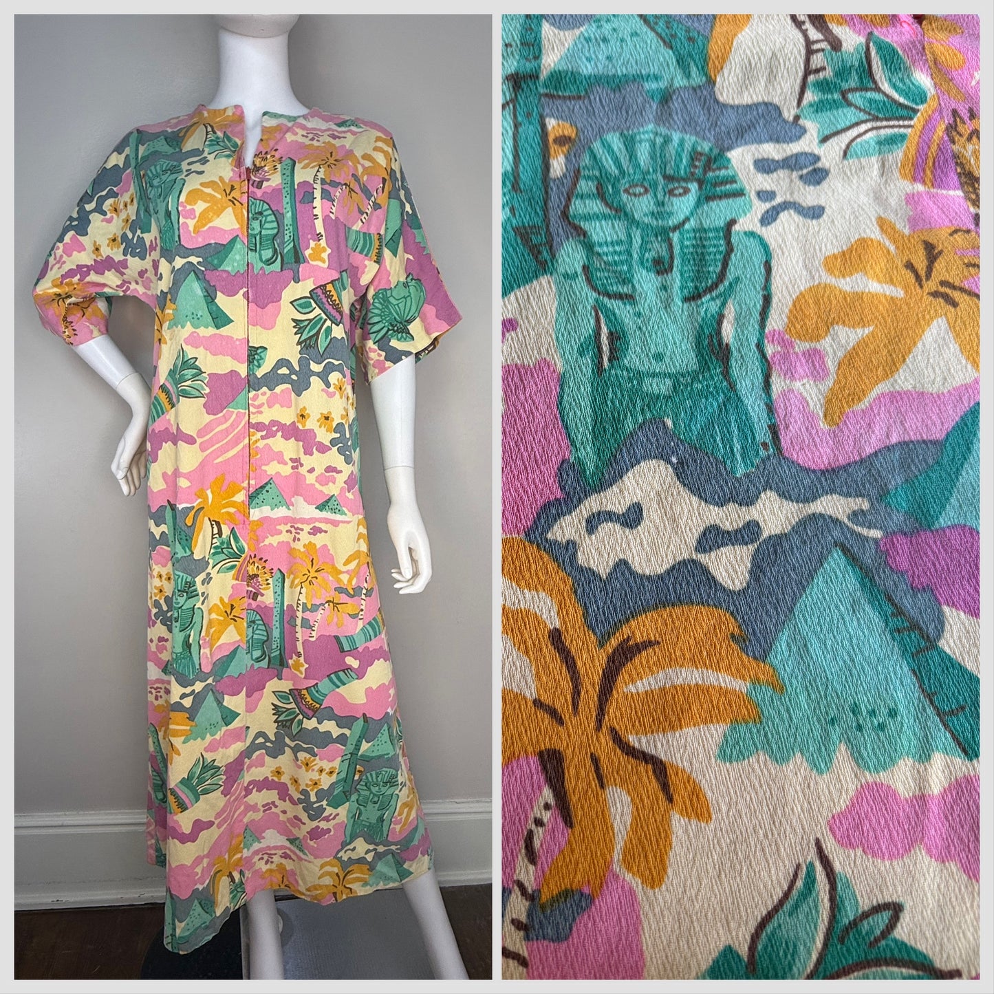 1960s/70s Psychedelic Egyptian Print Caftan Dress, Handmade Size Medium, Egyptomania