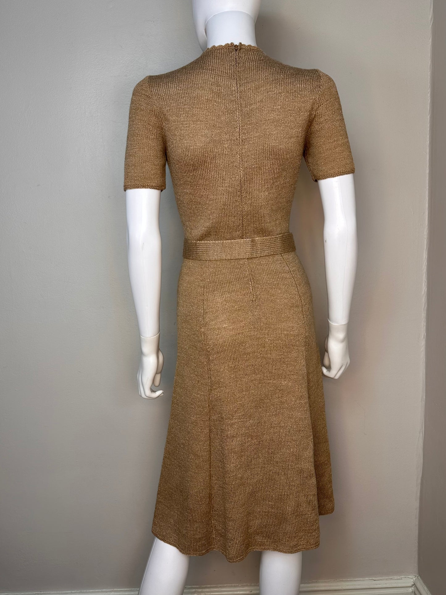 1960s/70s Tan Knit Dress and Belt, Handmade Size XS