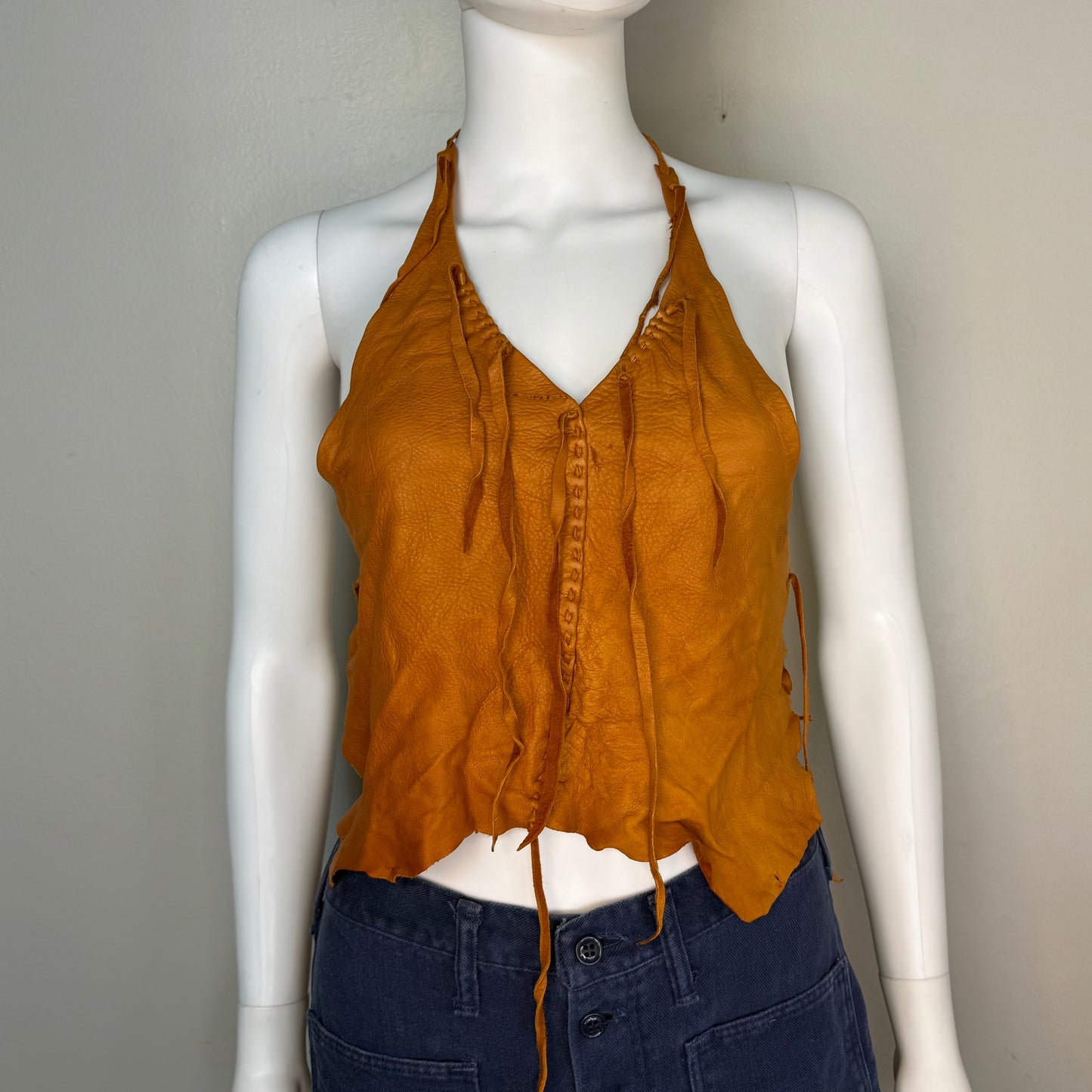 1970s Brown Leather Hide Halter Top, Cropped, Open Back, Handmade Size XS-Small