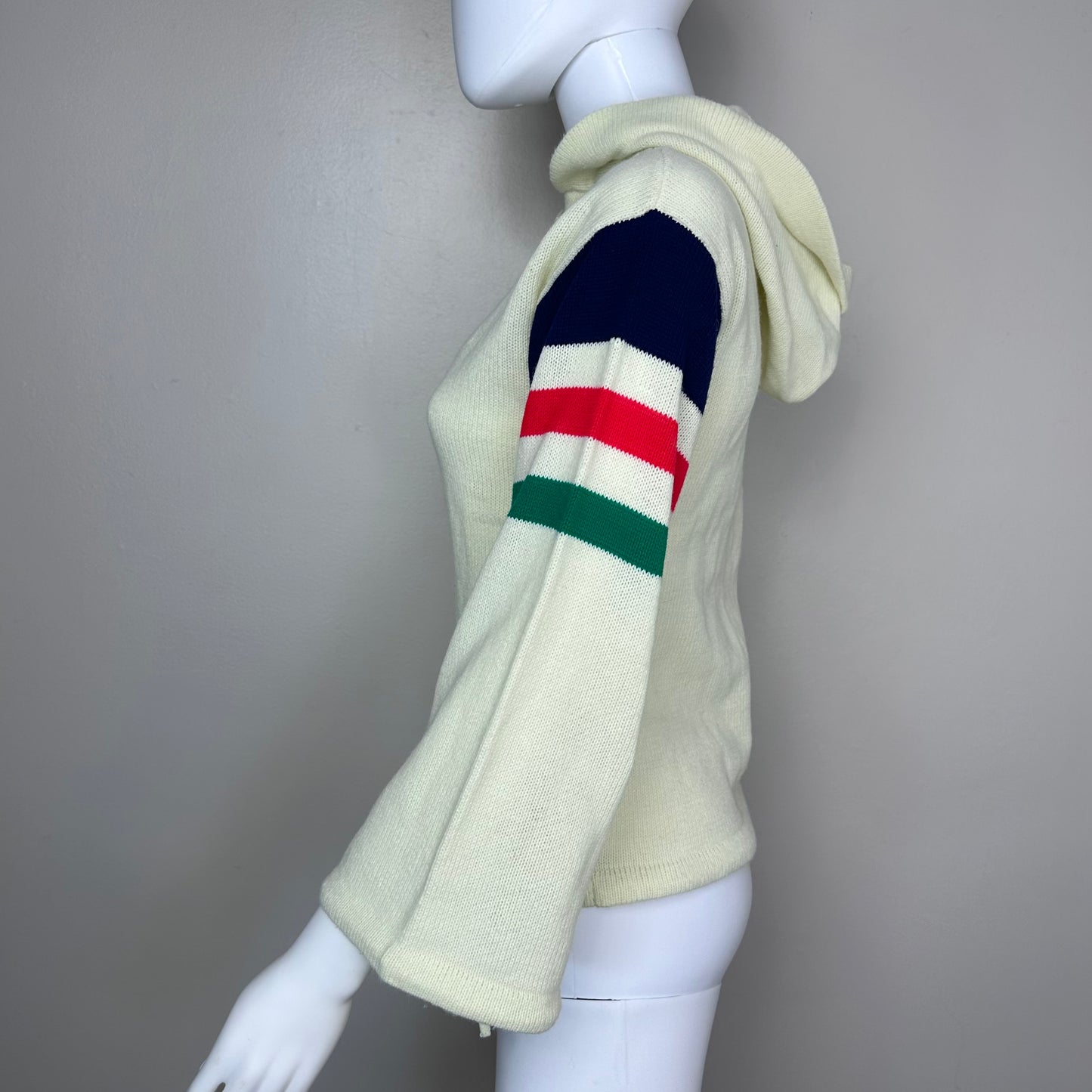 1970s Hooded Sweater with Striped Sleeves, Size XS