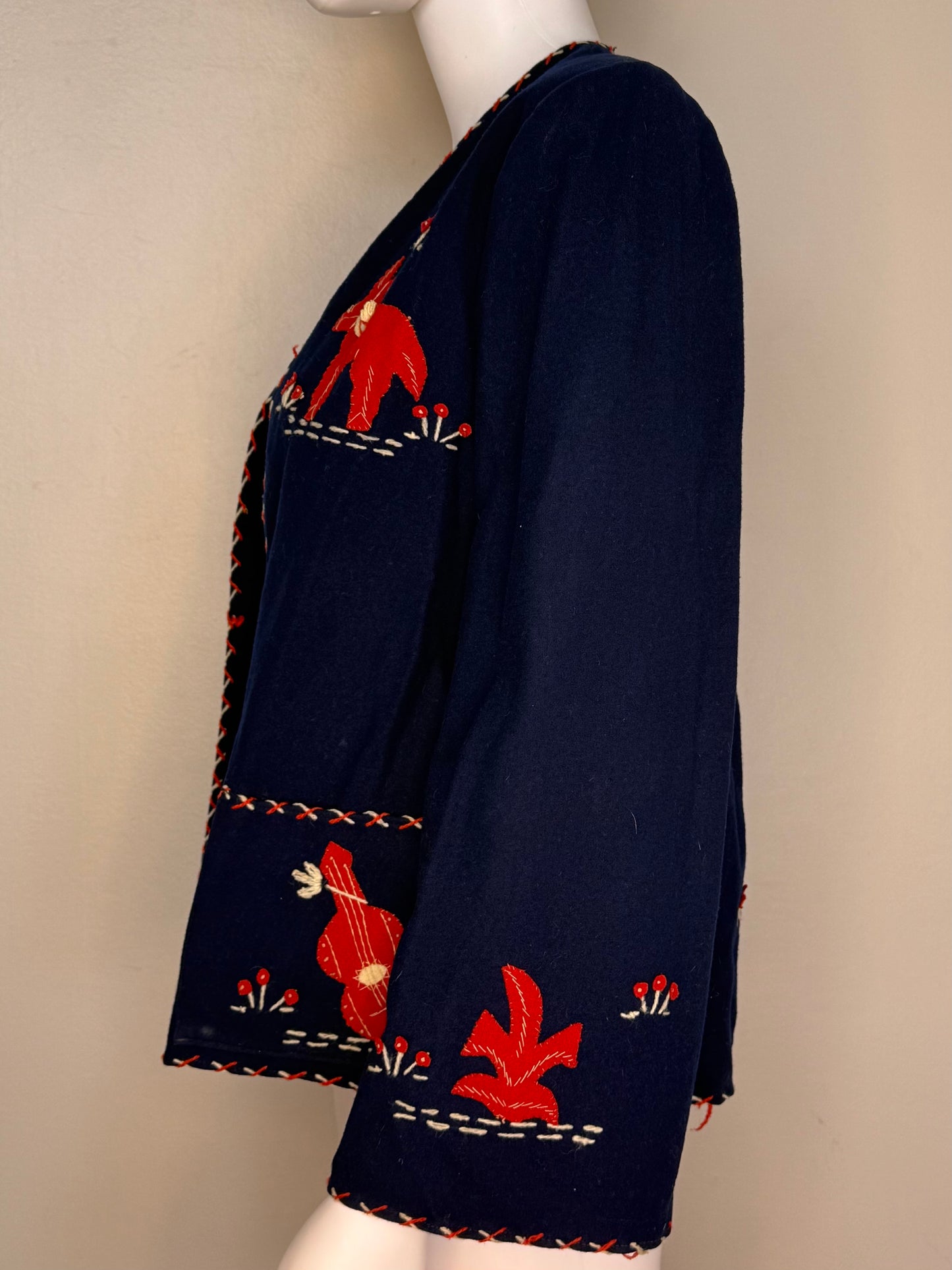 1940s Navy Blue Embroidered Mexican Tourist Jacket, Size Small