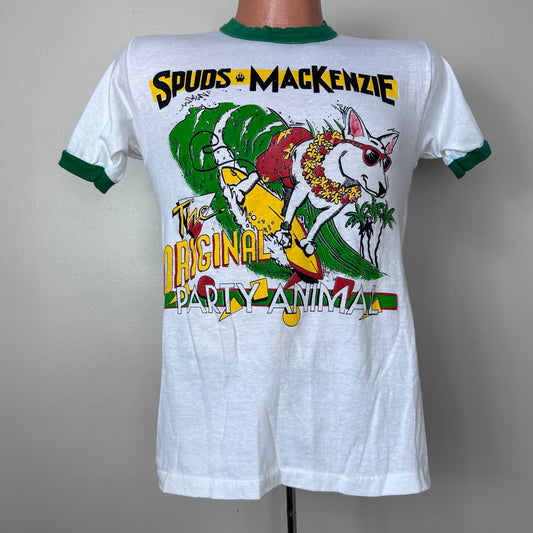 1980s Spuds Mackenzie The Original Party Animal Ringer T-Shirt, Center Star Knits Size Small,Dog Surfing, Bud Light Beer