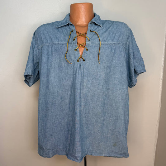 1960s Lace Up Chambray Shirt with Hippie Counter Culture Protest Print, The Surfer Size Large, Free Our Dorm