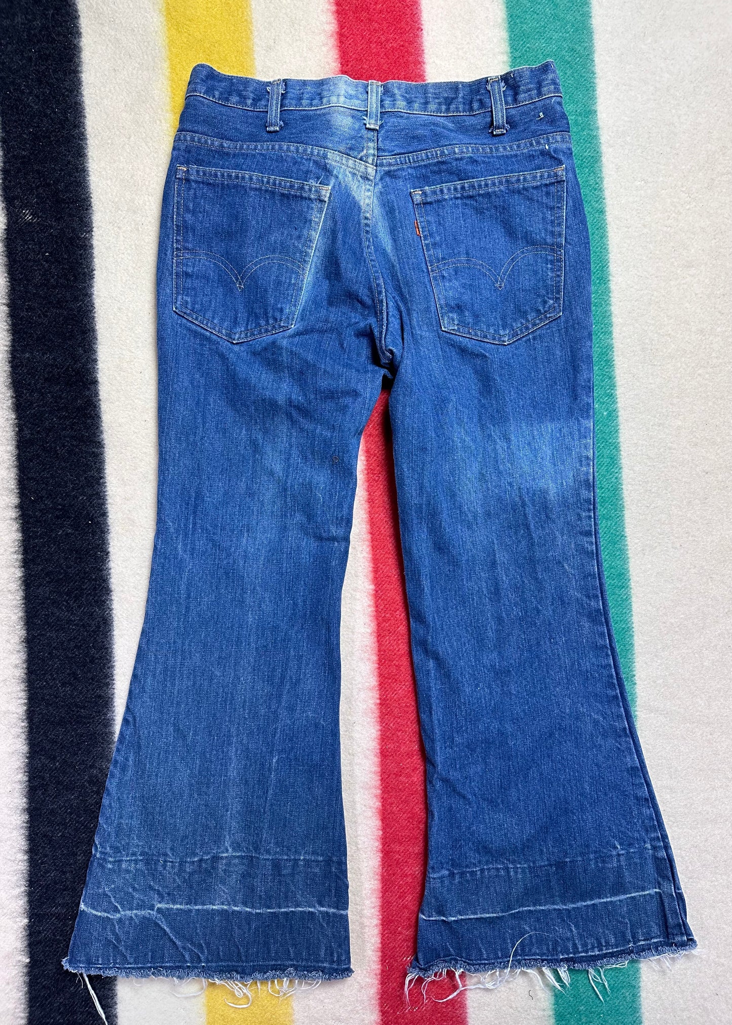 1970s Levi’s 684 Blue Jeans Bell Bottoms, 32"x28.5", Sun Faded, Orange Tab