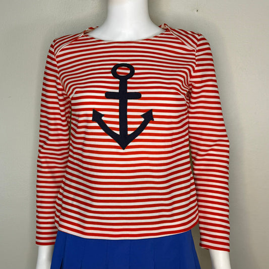 1970s Red and White Stripe Long Sleeve Knit Shirt, Applique Anchor, Lois Ann Jrs Size Small