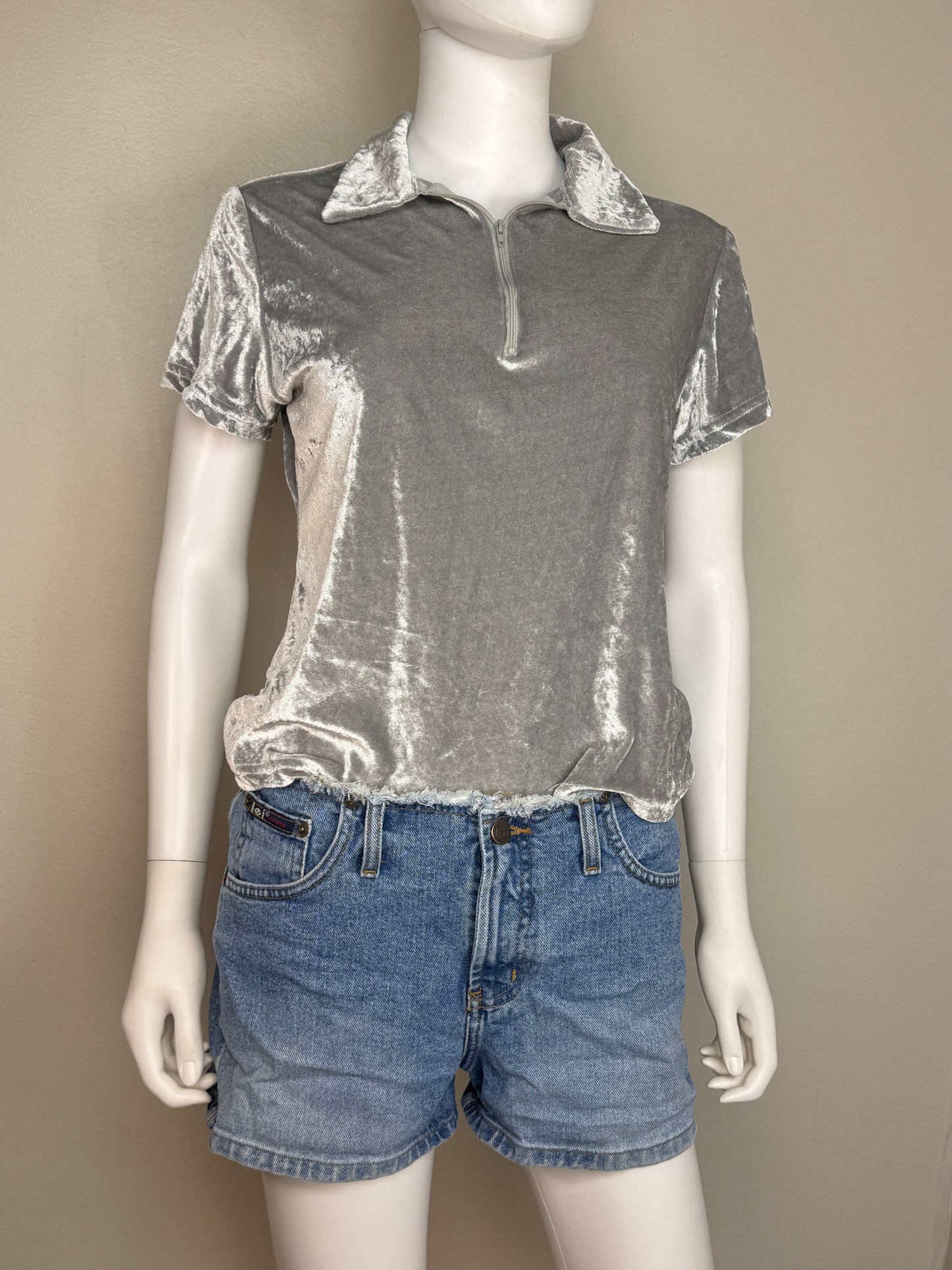 1990s/Y2K Silver Velour Top, Self Esteem Size Medium, Zip Velvet Polo Shirt