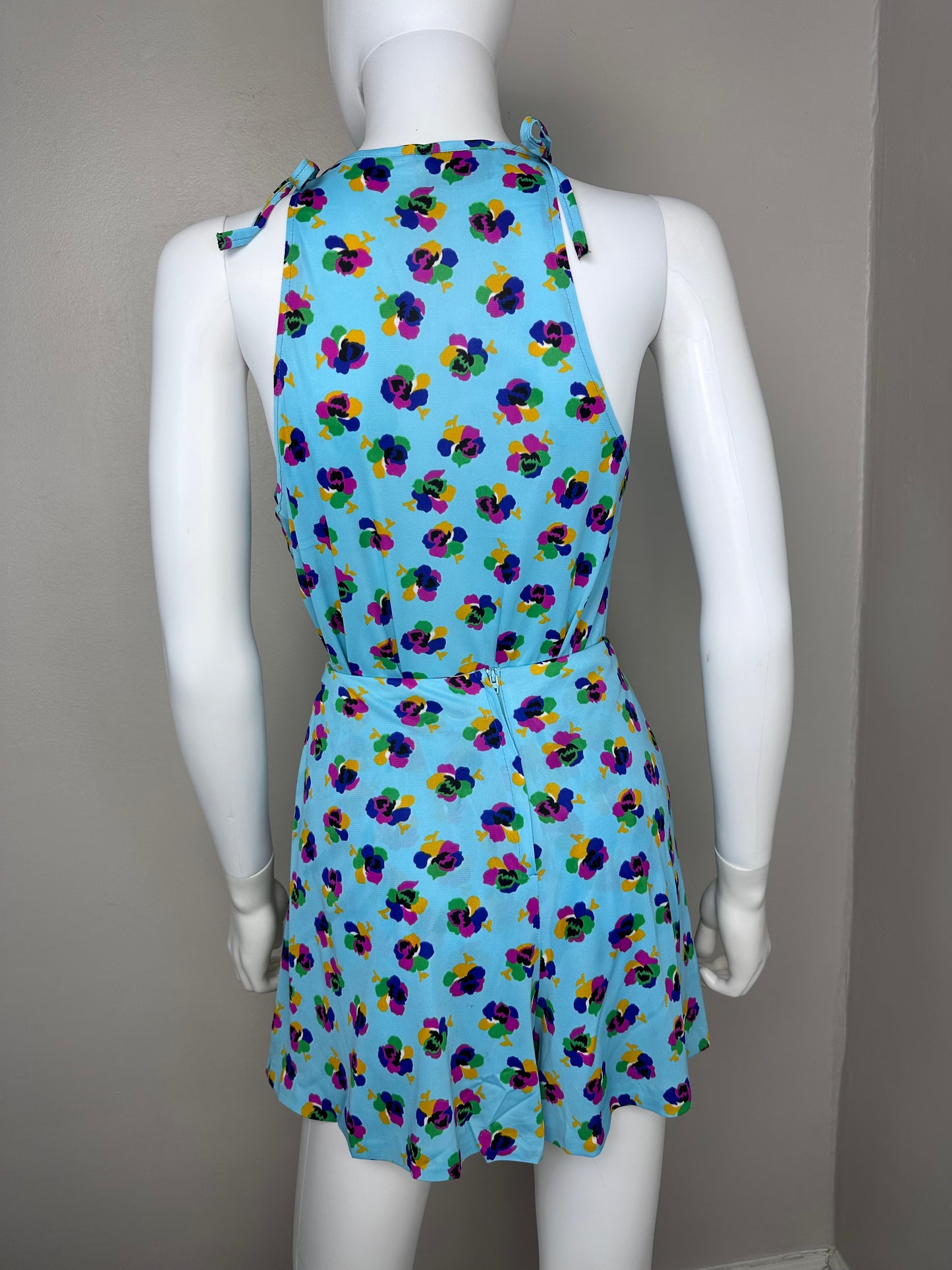 1970s Psychedelic Aqua Floral Set, Tunic and Shorts, Corky Craig California Size Small