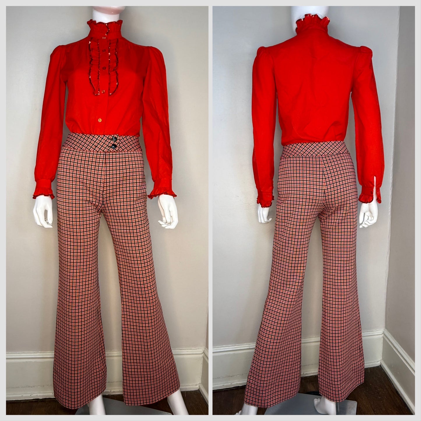 1970s Plaid Flare Leg Double Knit Slacks, Corinth Street Size XS, Bell Bottom Pants, 24"x31"