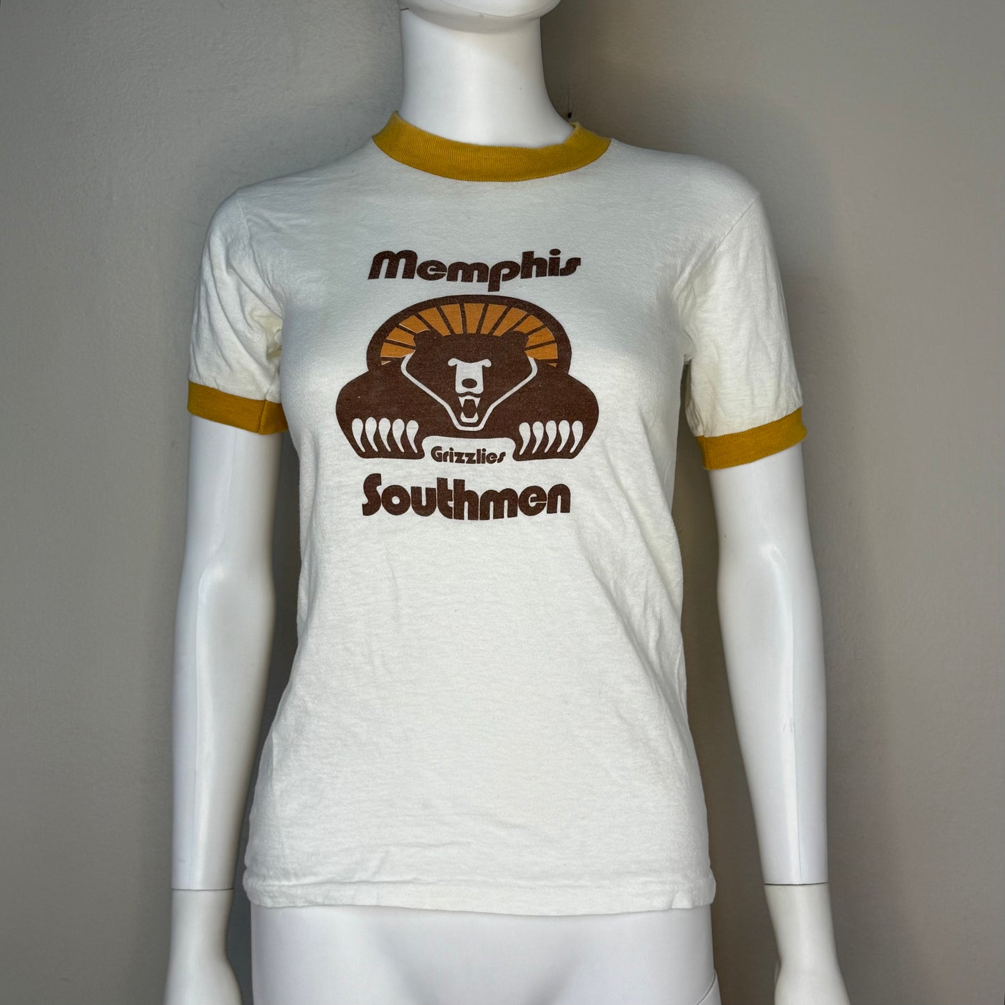 1970s Memphis Southmen Ringer T-Shirt, Youth M-L/Adult XS, World Football League, Grizzlies