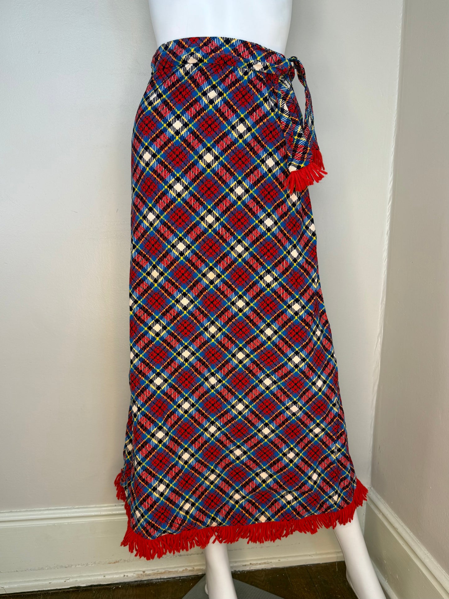 1970s Plaid Corduroy Maxi skirt with Fringe Trim, Flora Ottimer Girls 12/14, Adult XXS