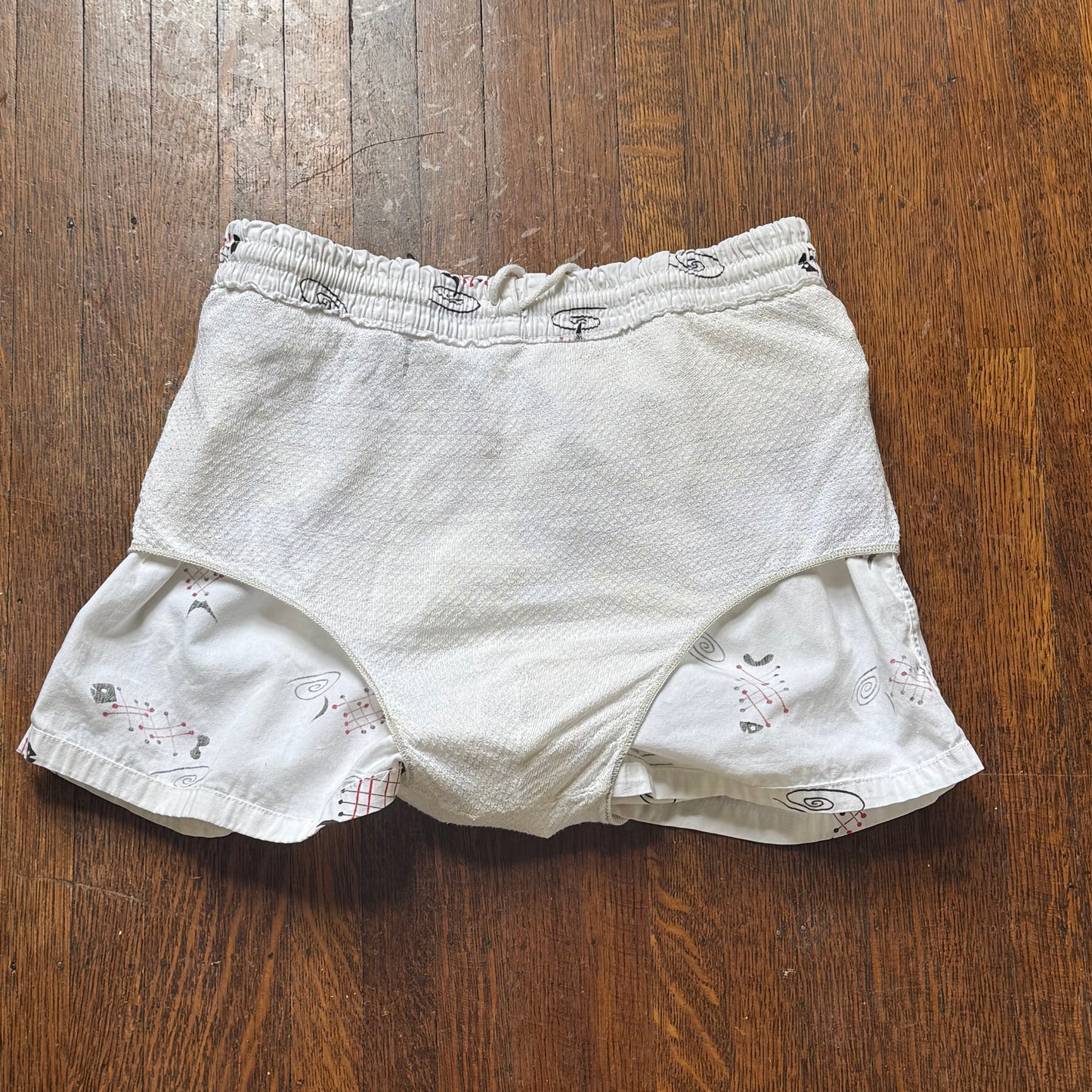 1950s Men’s Swim Trunks, Fish Bones Novelty Print, Cotton Swimsuit Shorts, Size Small
