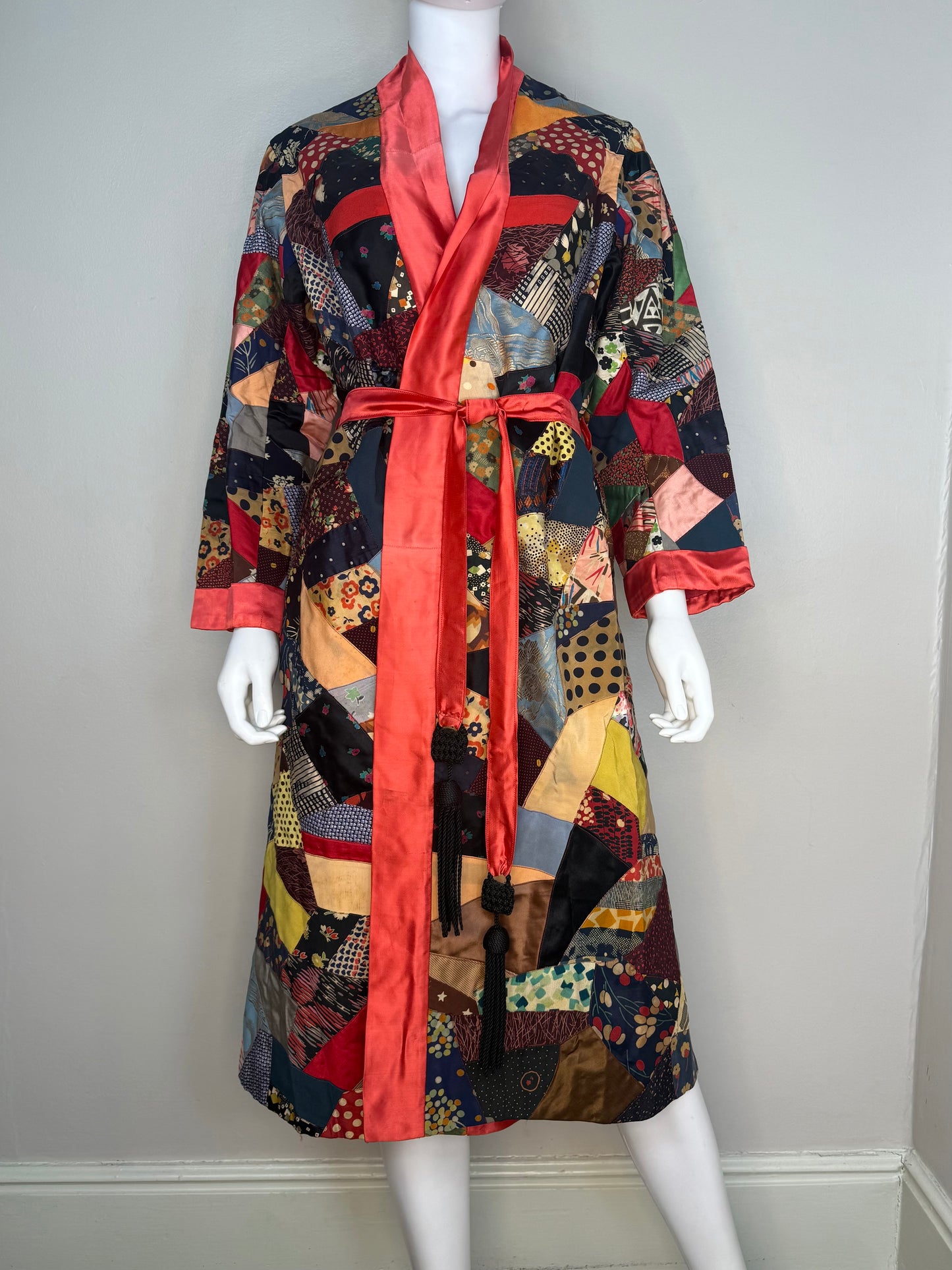 1920s/30s Patchwork Crazy Quilt Robe, Handmade Size XS-Small, Belt with Fringe Trim