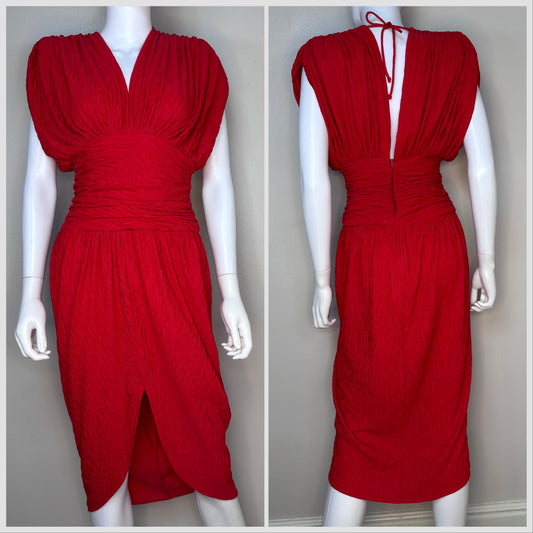 1980s Red Cocktail Dress, Size XS, Open Back, Crinkle Fabric