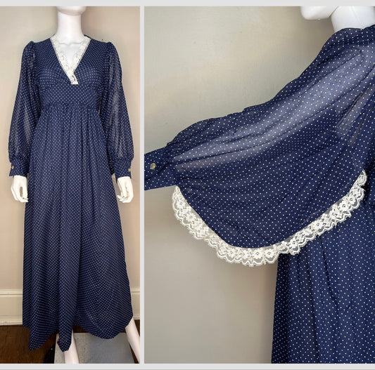 1970s Navy Blue Polka Dot Maxi Dress, Size Small-Medium, Huge Bishop Sleeves with Lace Trim